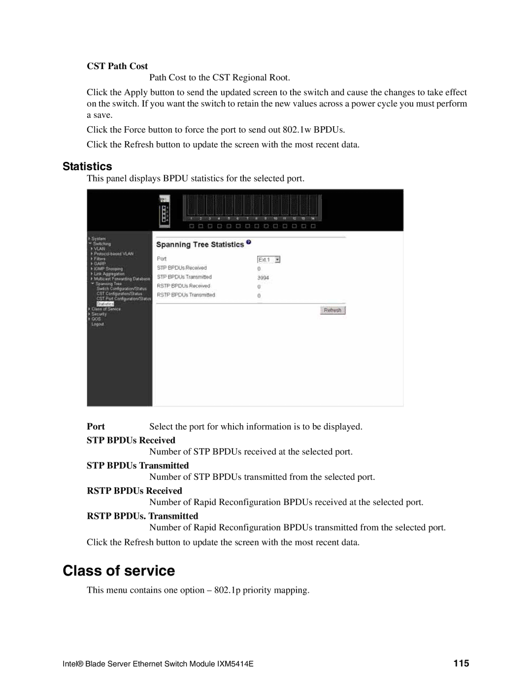 Intel IXM5414E manual Class of service, Statistics, Rstp BPDUs. Transmitted, 115 