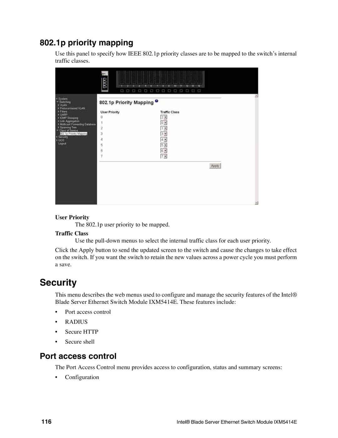 Intel IXM5414E manual 802.1p priority mapping, Port access control, User Priority, Traffic Class, 116 