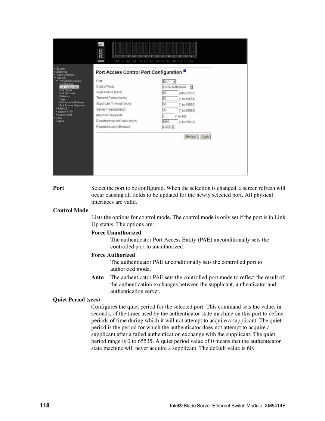 Intel IXM5414E manual Force Unauthorized, Force Authorized, Quiet Period secs, 118 