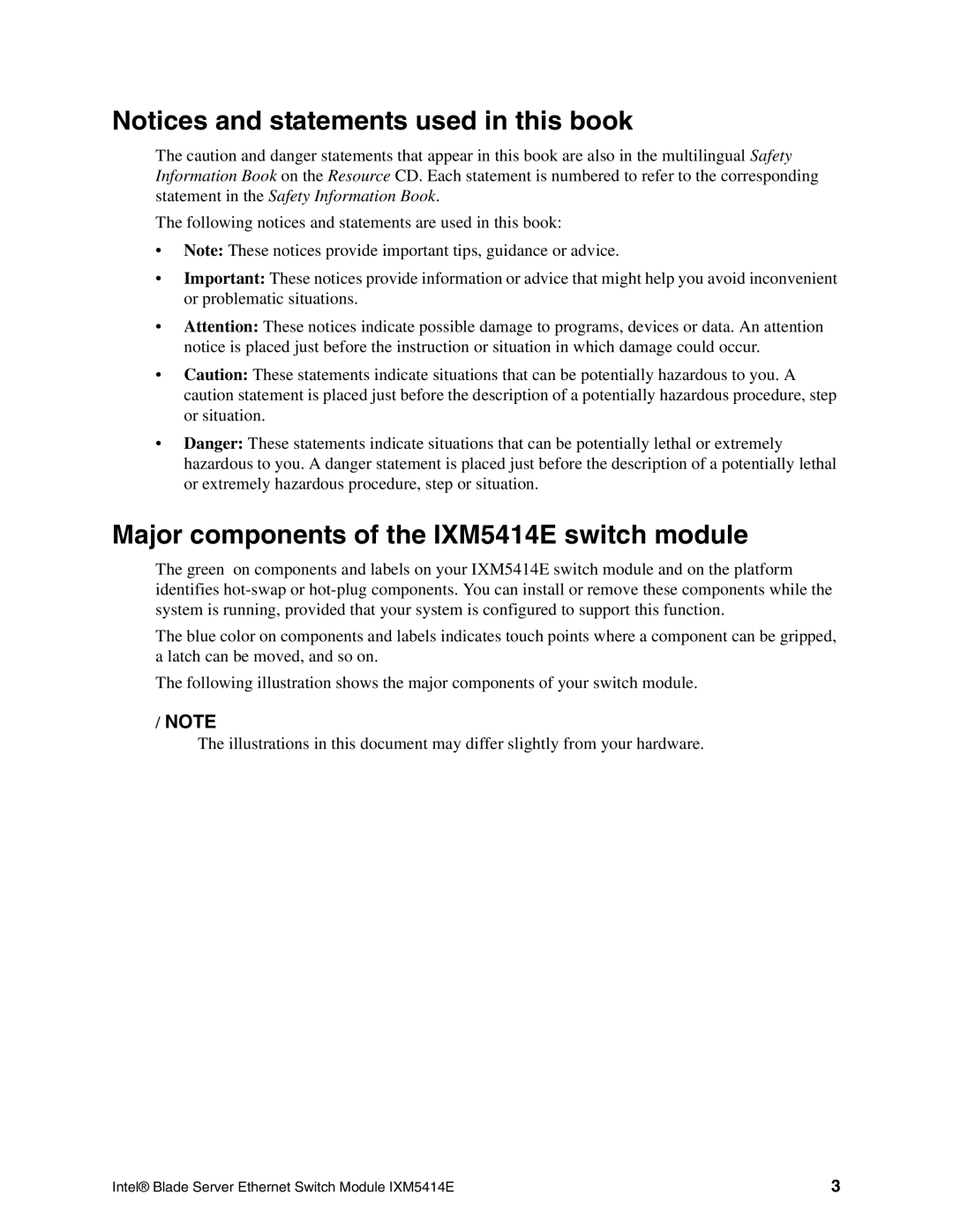 Intel manual Major components of the IXM5414E switch module 