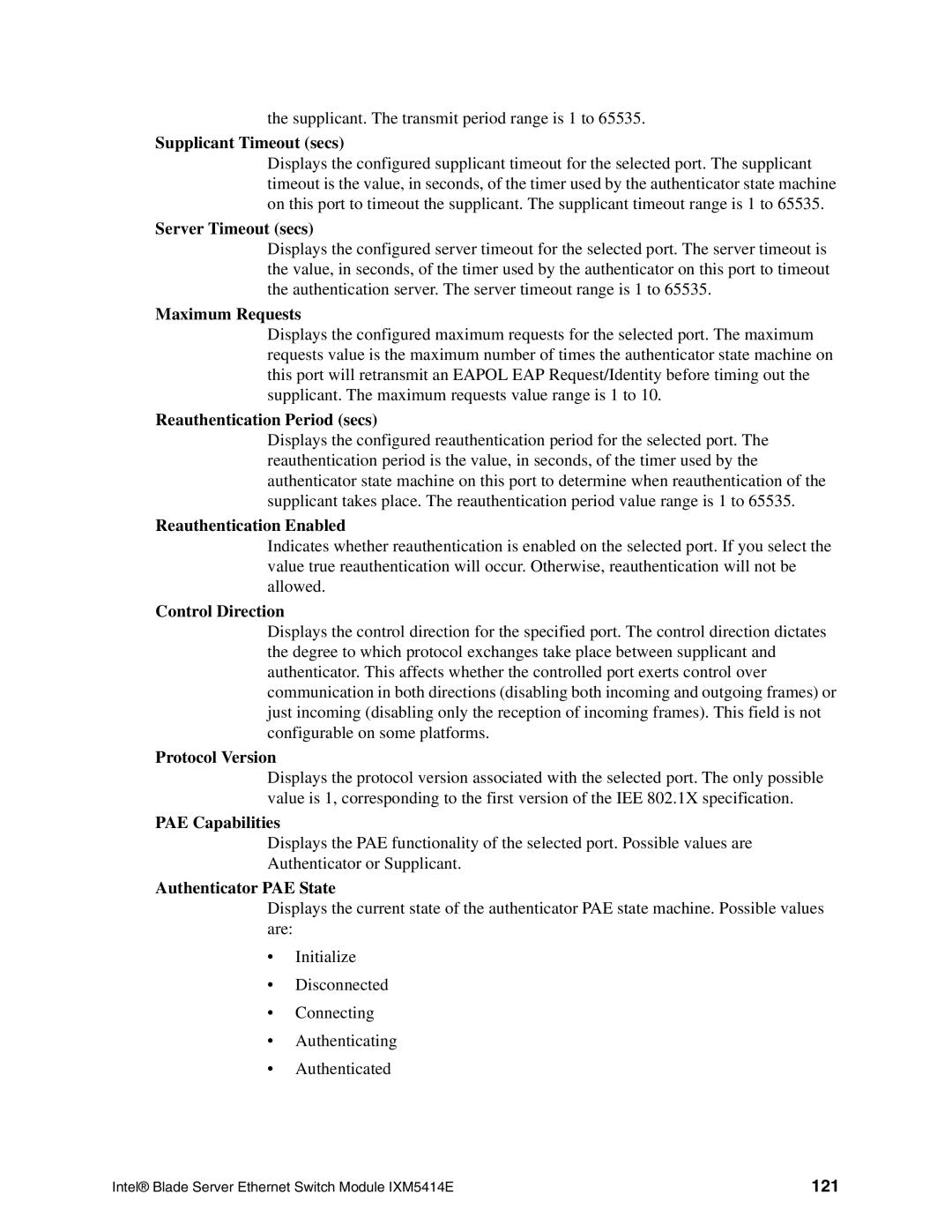 Intel IXM5414E manual Control Direction, Protocol Version, PAE Capabilities, Authenticator PAE State, 121 