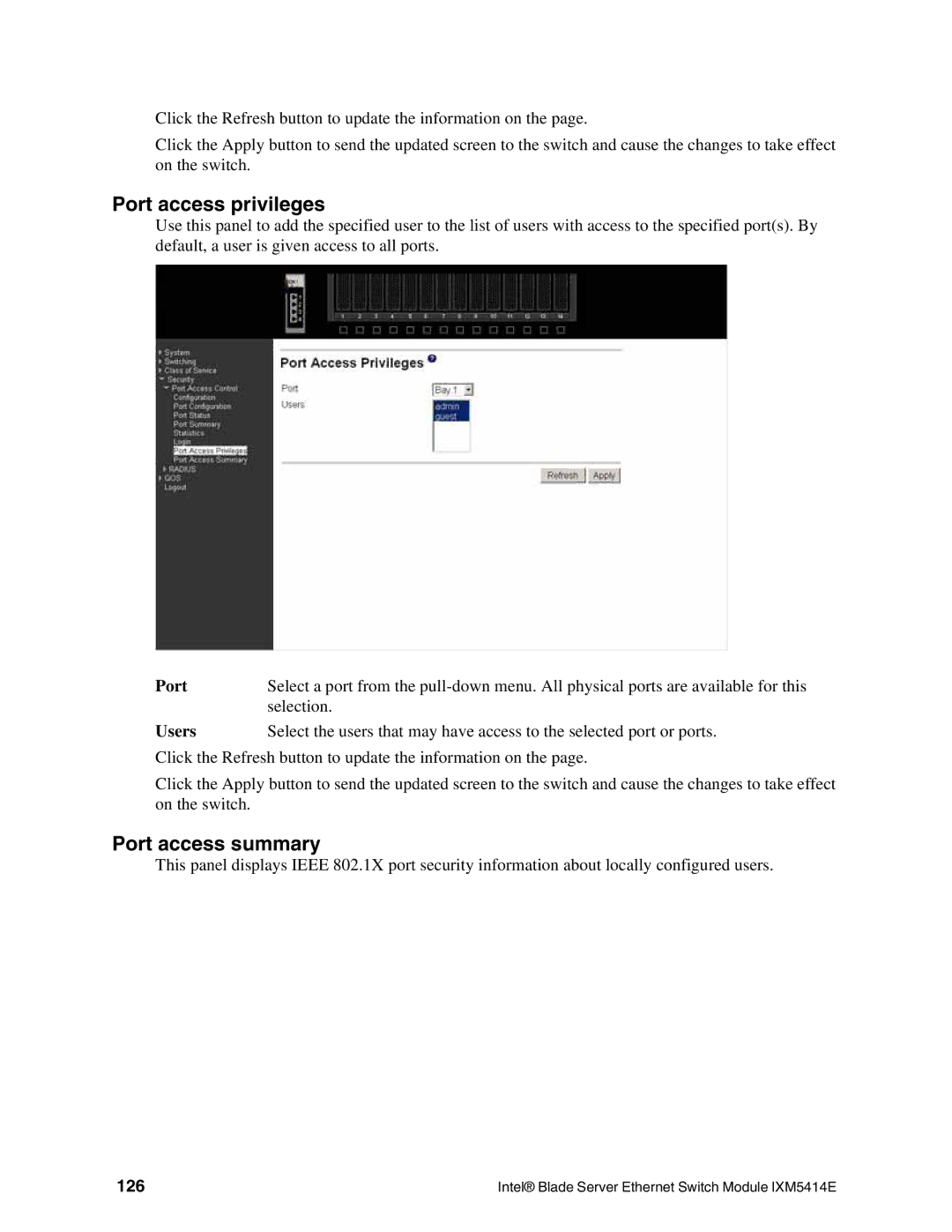 Intel IXM5414E manual Port access privileges, Port access summary, 126 