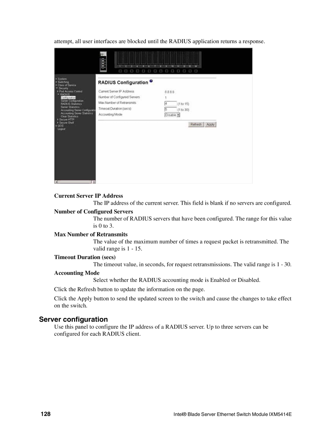 Intel IXM5414E manual Server configuration, 128 