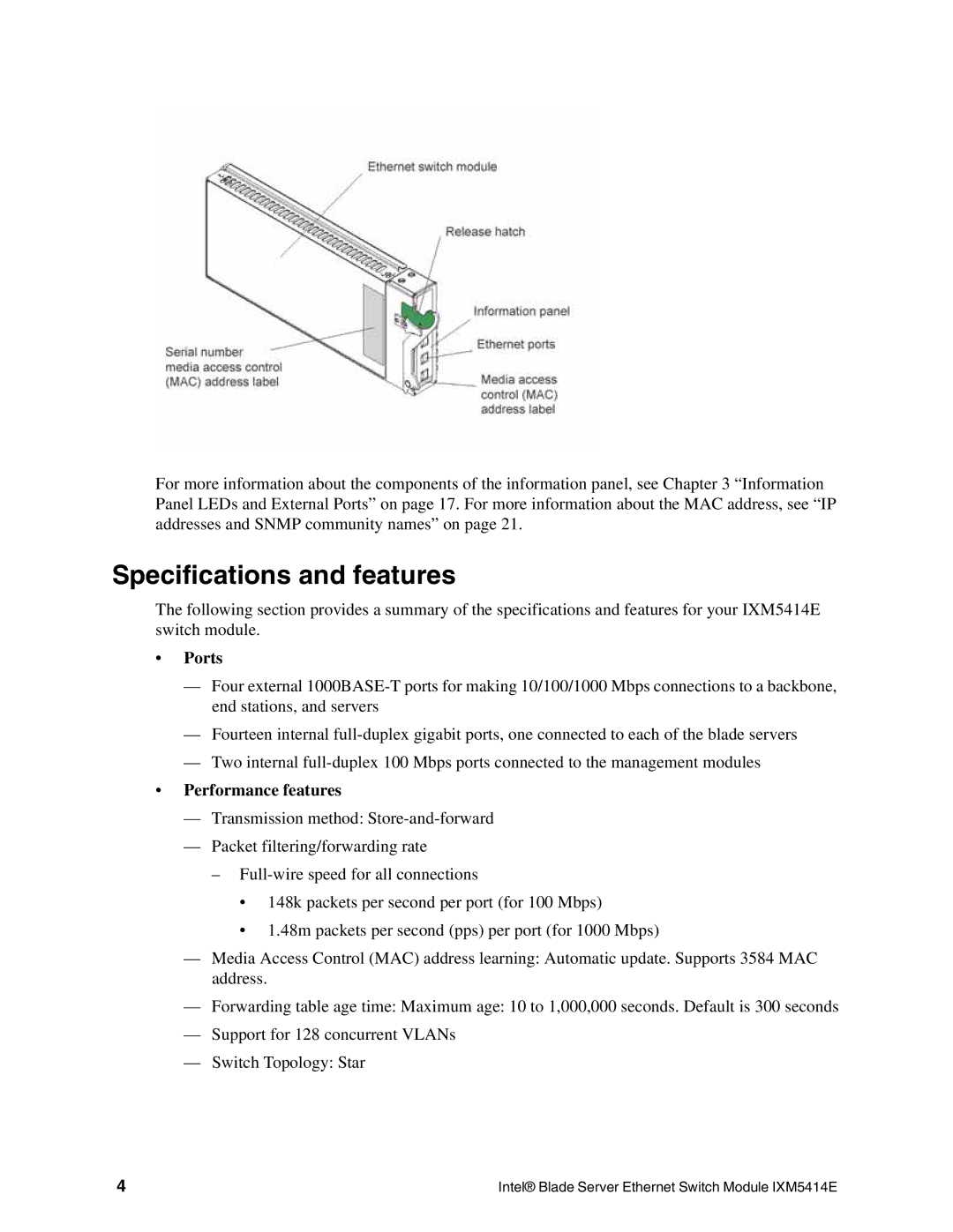 Intel IXM5414E manual Specifications and features, Ports, Performance features 