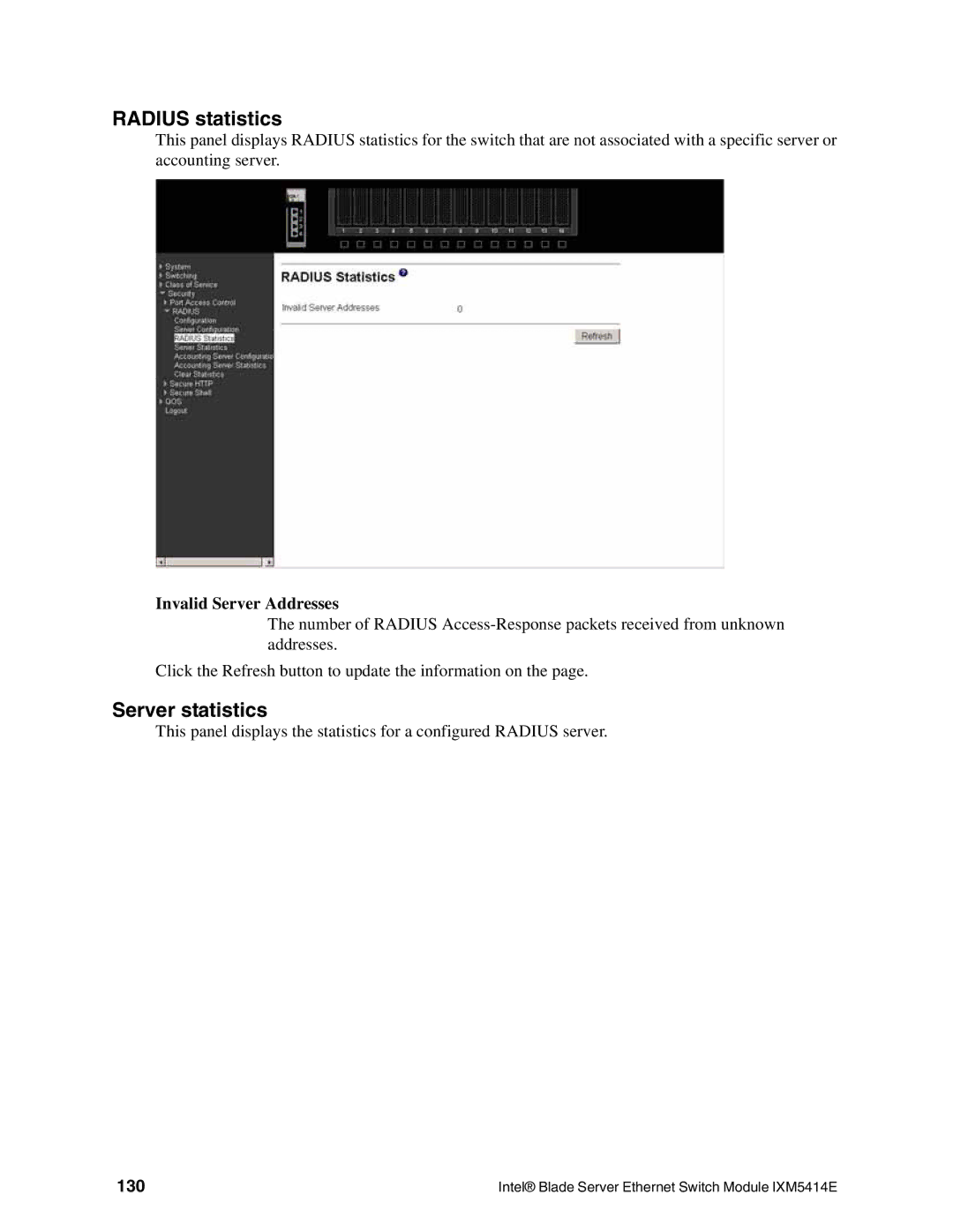 Intel IXM5414E manual Radius statistics, Server statistics, Invalid Server Addresses, 130 