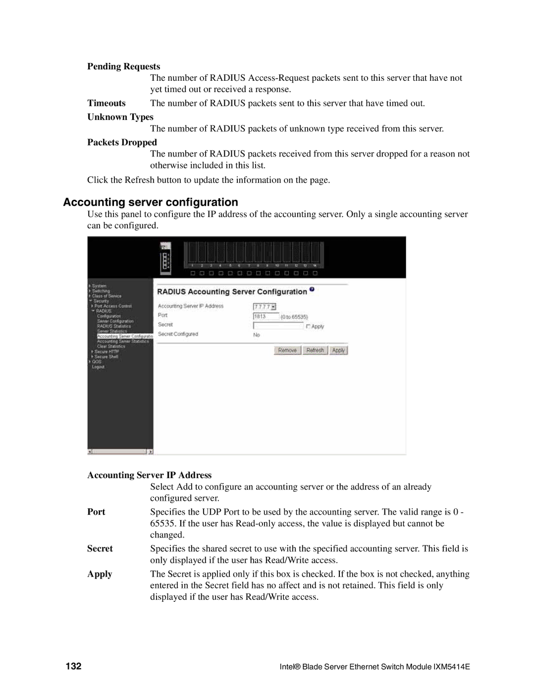 Intel IXM5414E manual Accounting server configuration, 132 