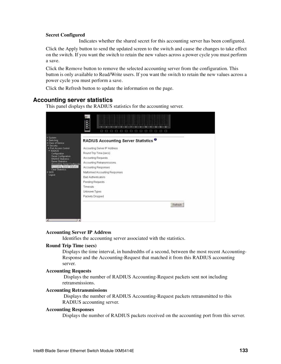 Intel IXM5414E Accounting server statistics, Accounting Requests, Accounting Retransmissions, Accounting Responses, 133 