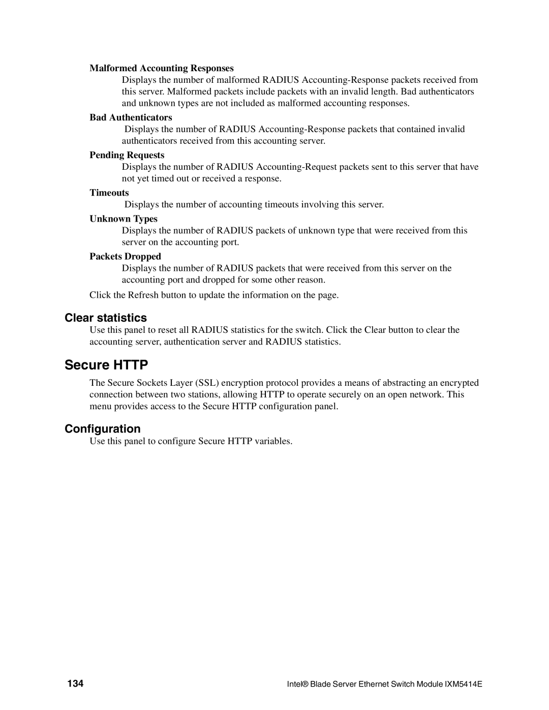 Intel IXM5414E manual Secure Http, Clear statistics, Malformed Accounting Responses, Timeouts, 134 