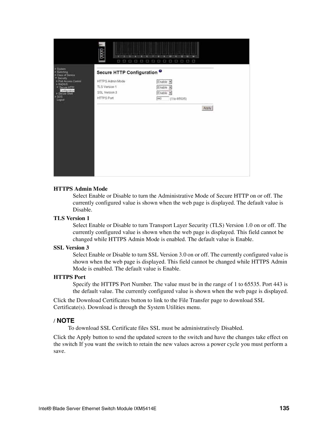 Intel IXM5414E manual Https Admin Mode, TLS Version, SSL Version, Https Port, 135 