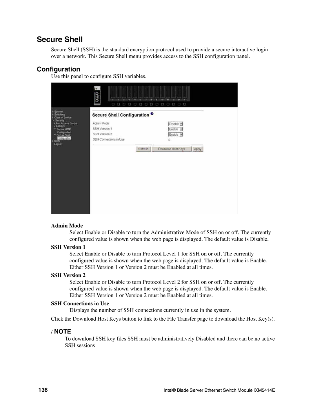 Intel IXM5414E manual Secure Shell, SSH Version, SSH Connections in Use, 136 