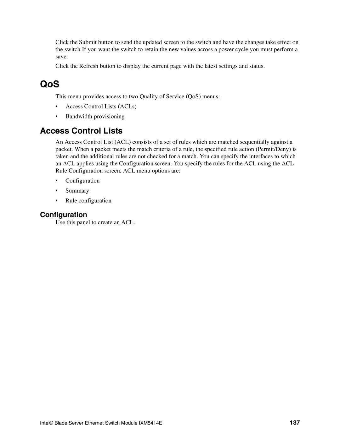 Intel IXM5414E manual QoS, Access Control Lists, 137 