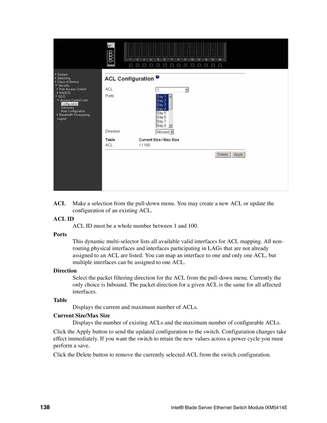 Intel IXM5414E manual Direction, Current Size/Max Size, 138 