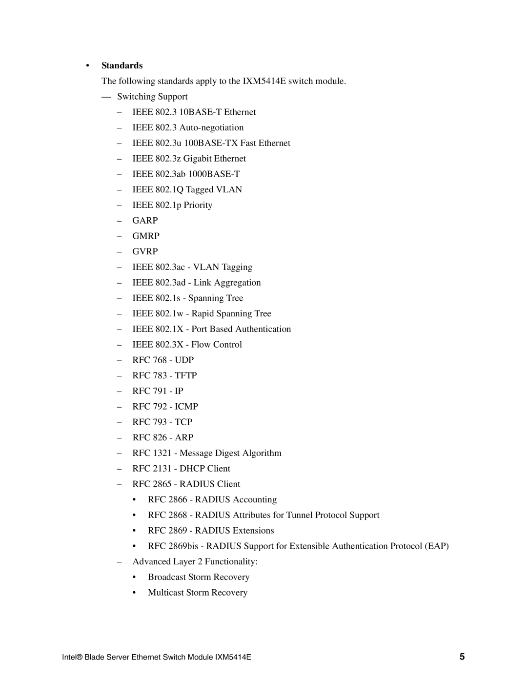 Intel IXM5414E manual Standards, Garp Gmrp Gvrp 