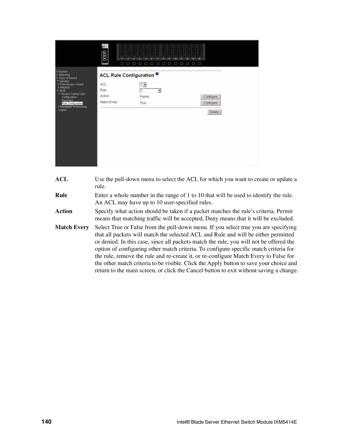 Intel IXM5414E manual Rule, Action, 140 