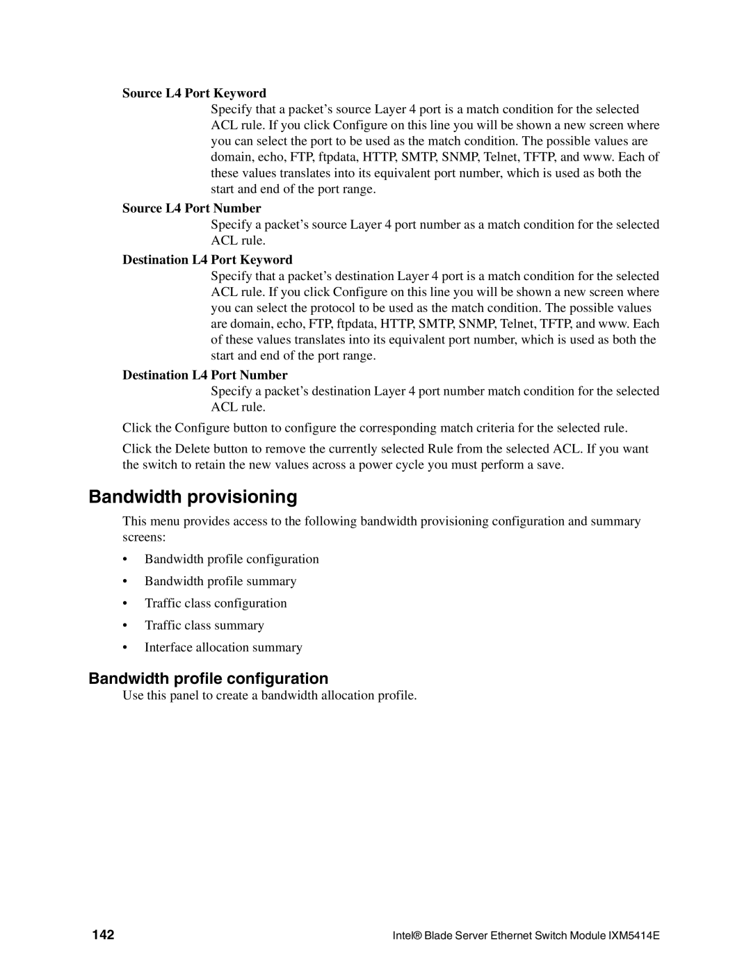 Intel IXM5414E manual Bandwidth profile configuration, Source L4 Port Keyword Source L4 Port Number, 142 