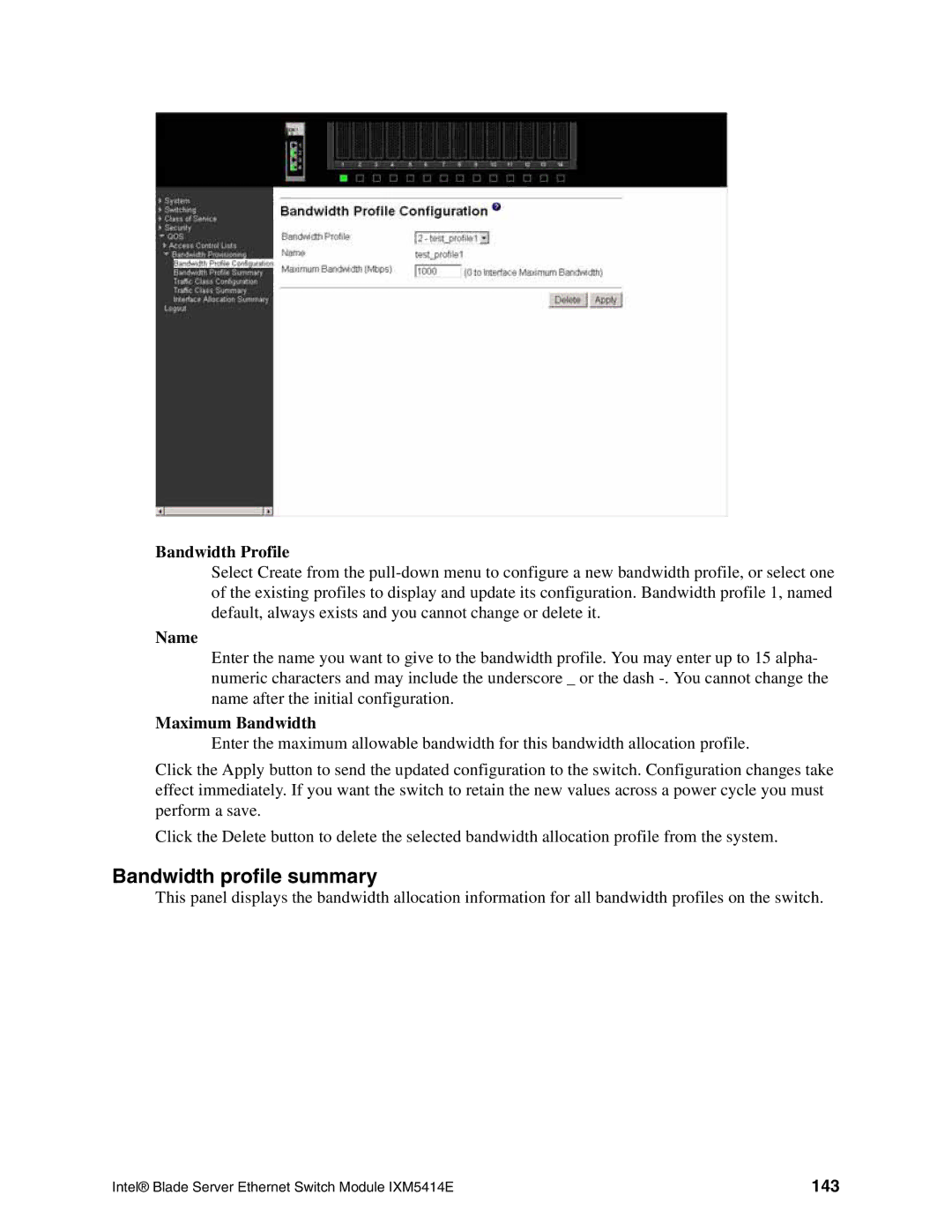 Intel IXM5414E manual Bandwidth profile summary, Bandwidth Profile, Maximum Bandwidth, 143 