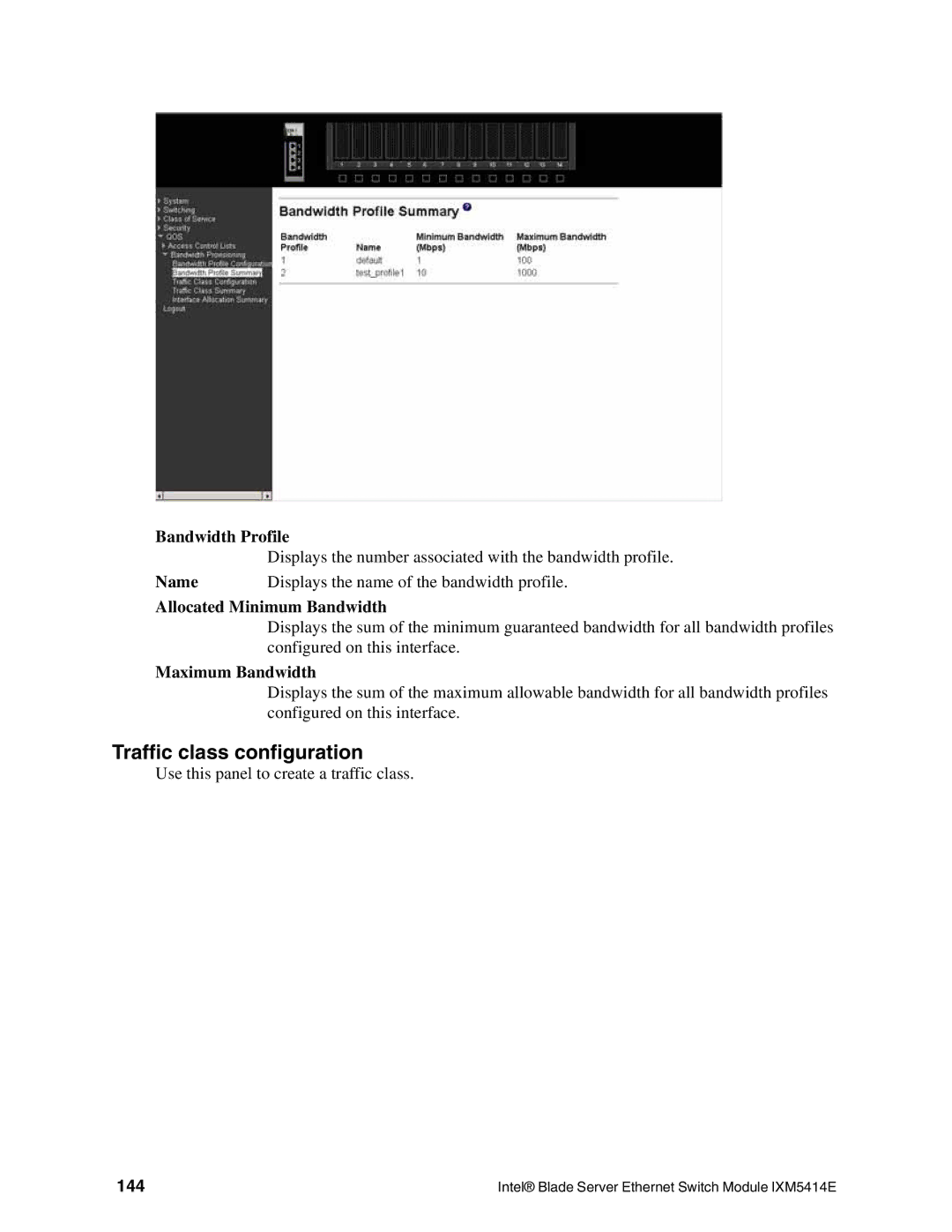 Intel IXM5414E manual Traffic class configuration, Allocated Minimum Bandwidth, 144 