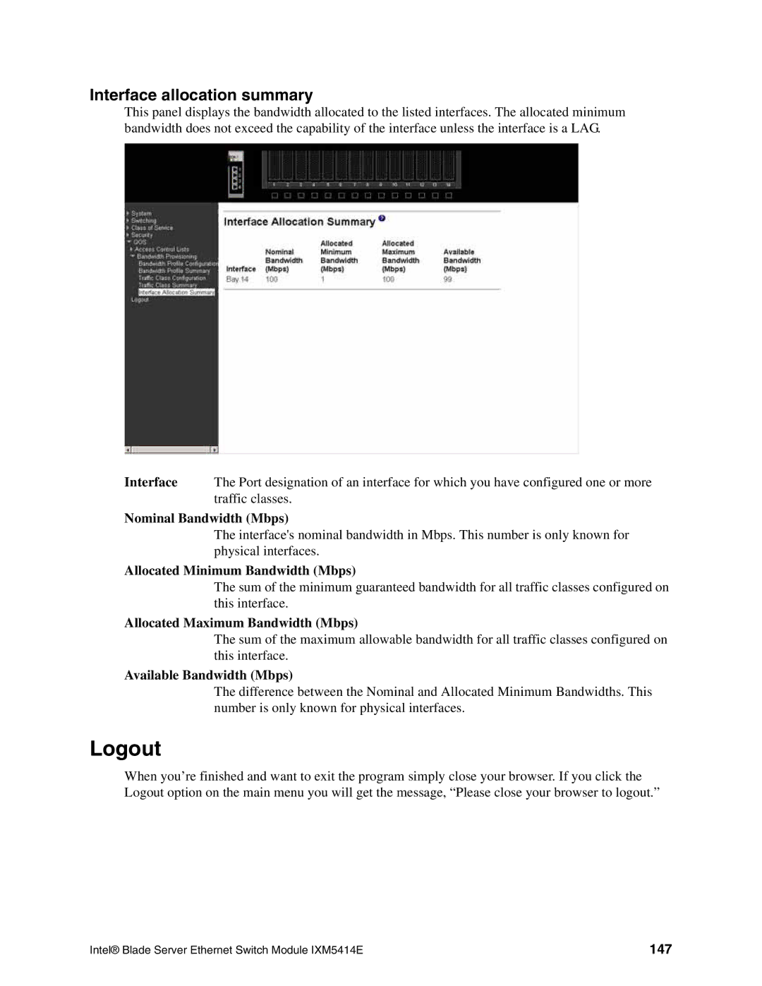 Intel IXM5414E manual Logout, Interface allocation summary, 147 