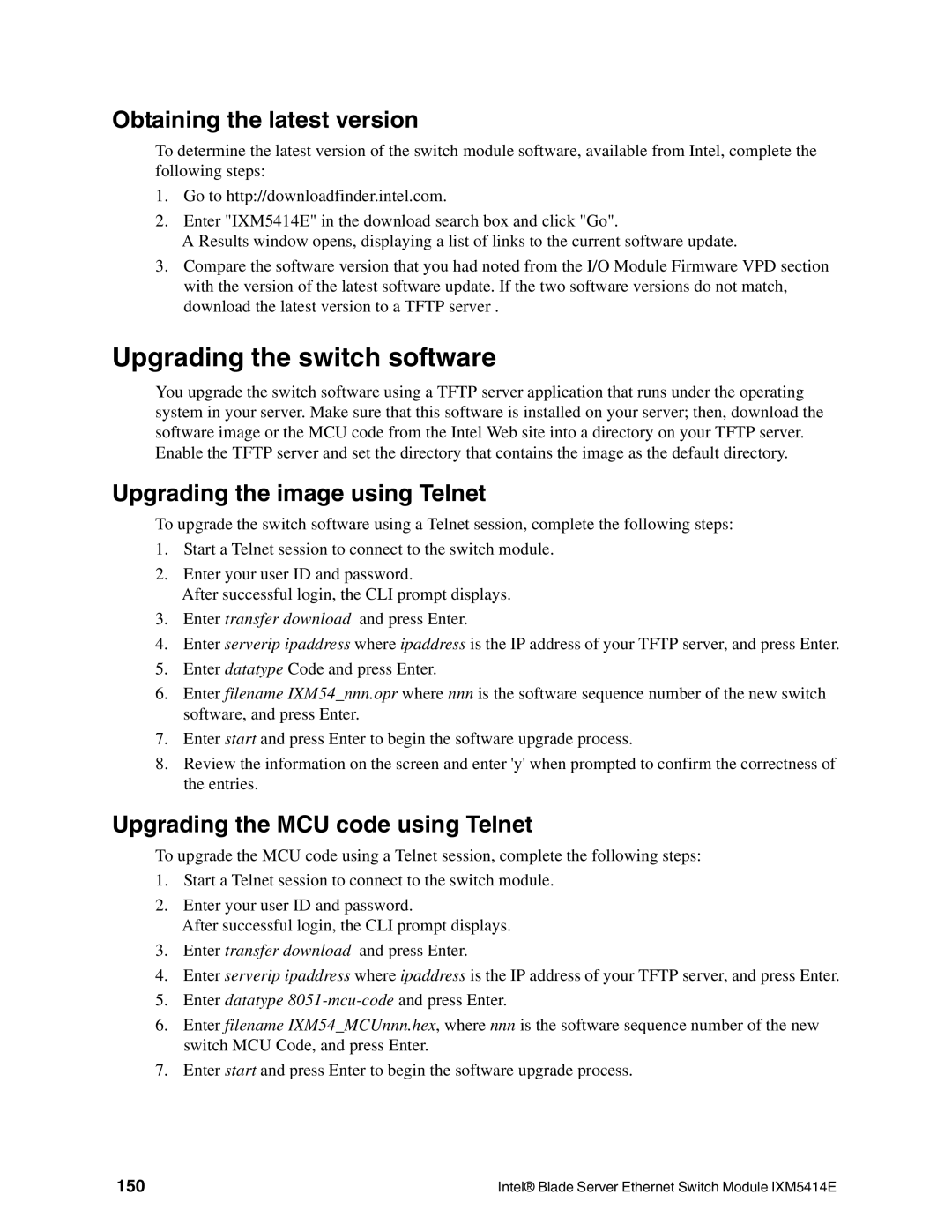 Intel IXM5414E manual Upgrading the switch software, Obtaining the latest version, Upgrading the image using Telnet, 150 