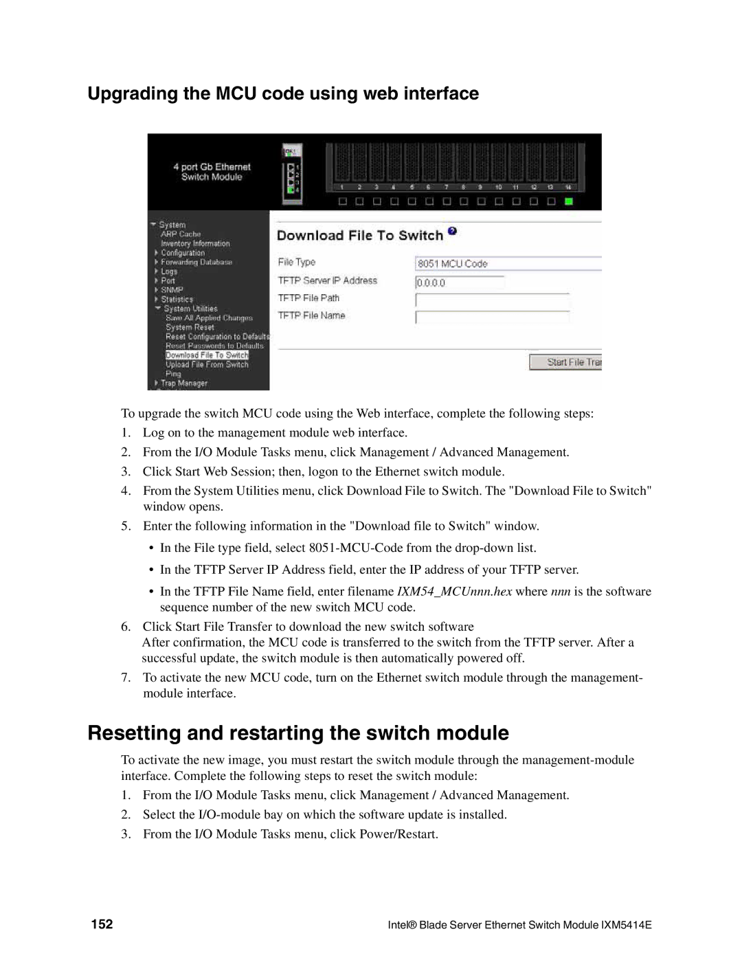 Intel IXM5414E manual Resetting and restarting the switch module, Upgrading the MCU code using web interface, 152 