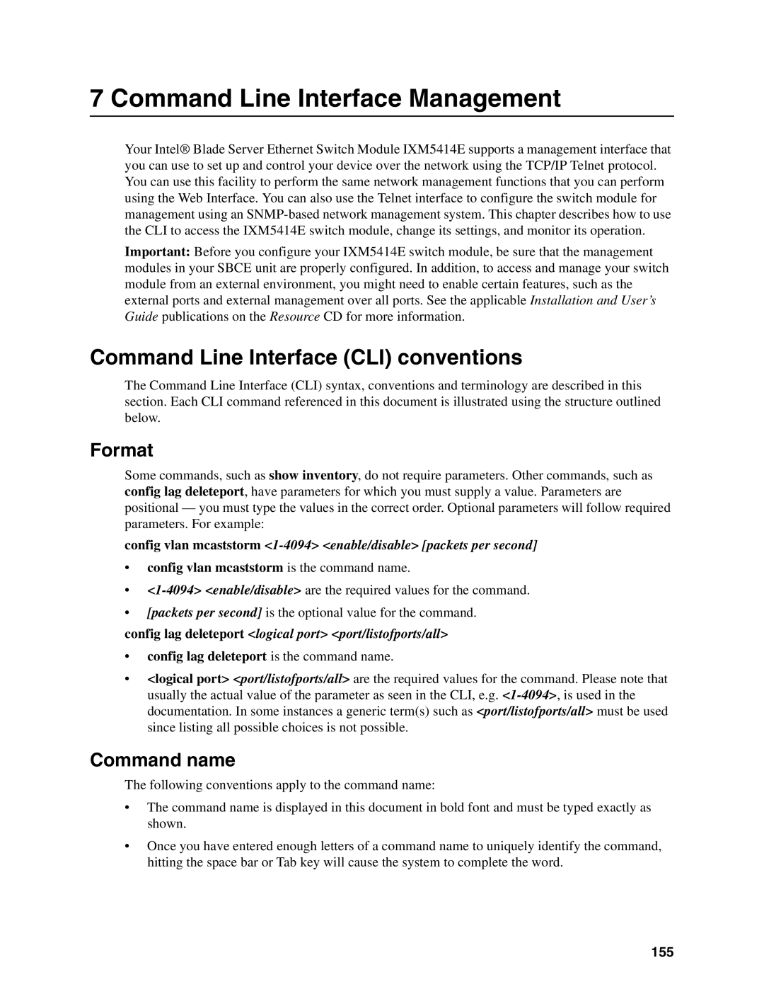 Intel IXM5414E manual Command Line Interface CLI conventions, Format, Command name, 155 