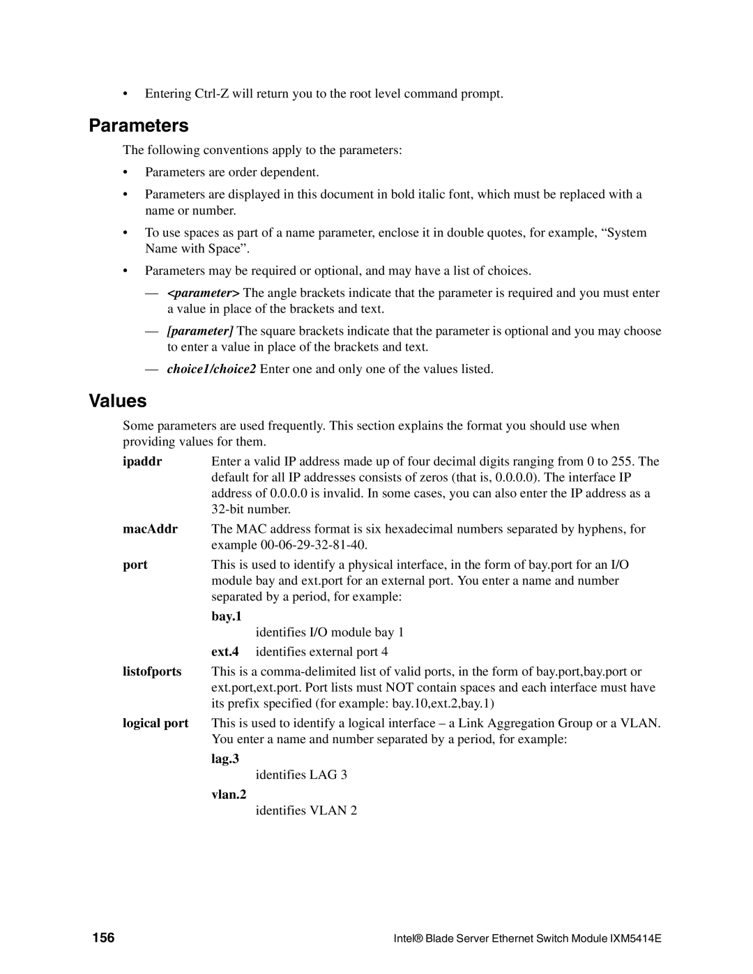 Intel IXM5414E manual Parameters, Values, 156 