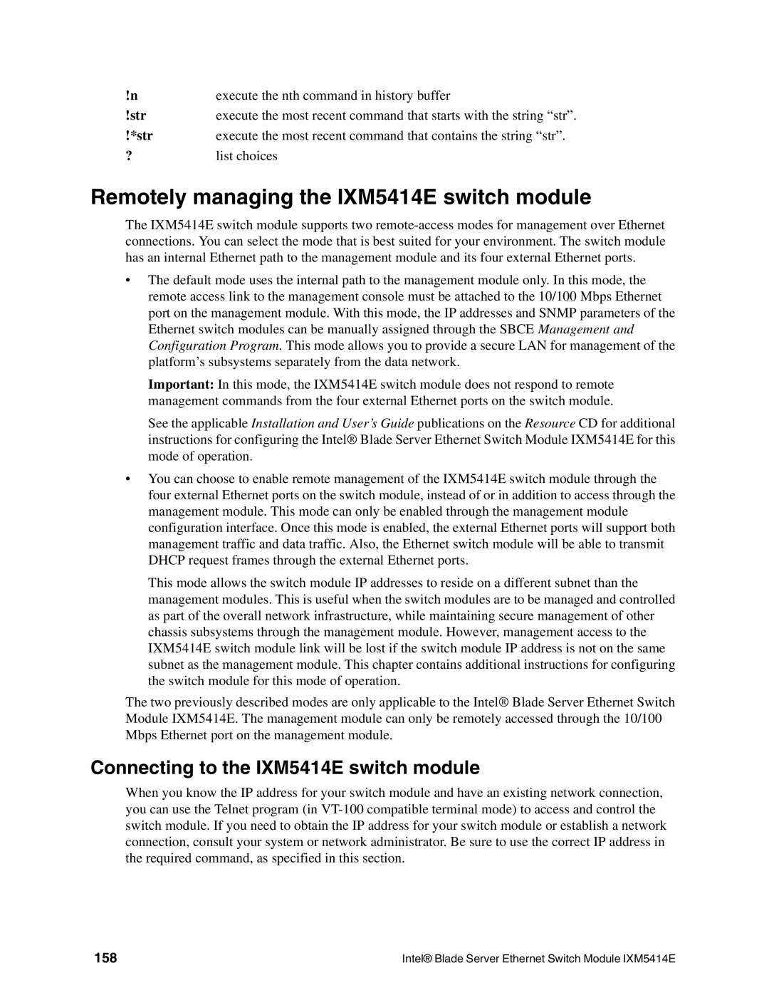 Intel manual Remotely managing the IXM5414E switch module, Connecting to the IXM5414E switch module, Str, 158 