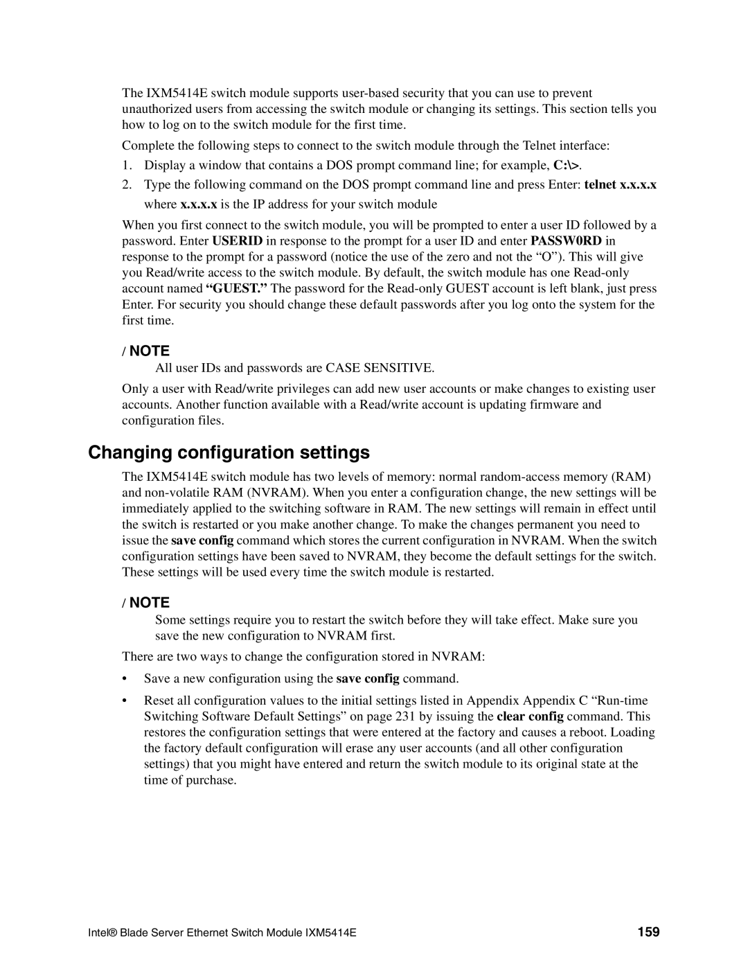 Intel IXM5414E manual Changing configuration settings, 159 