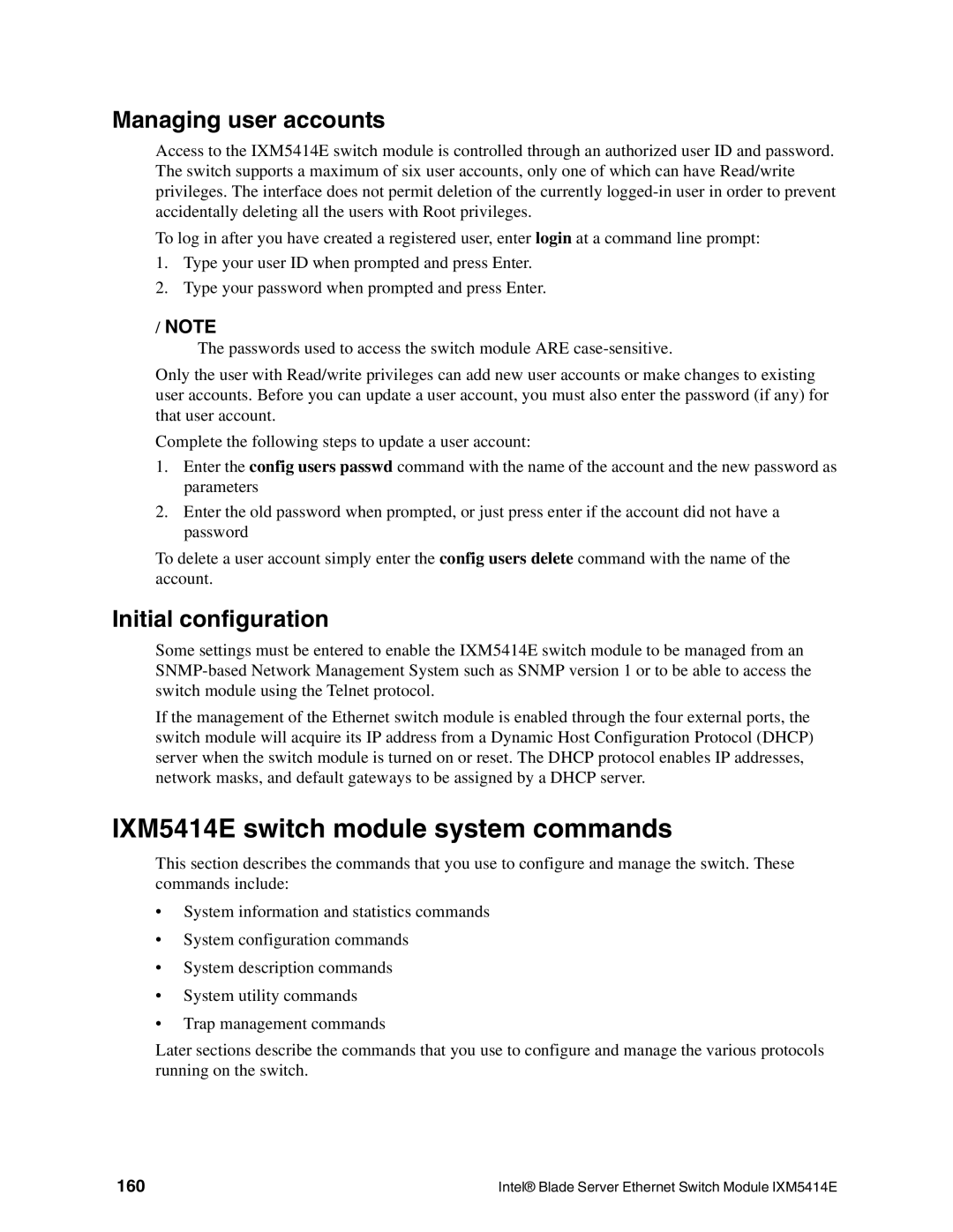 Intel manual IXM5414E switch module system commands, Managing user accounts, Initial configuration, 160 