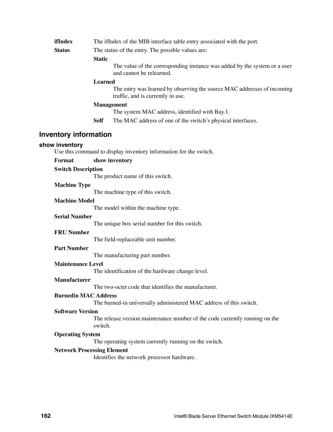 Intel IXM5414E manual Inventory information, Show inventory, 162 