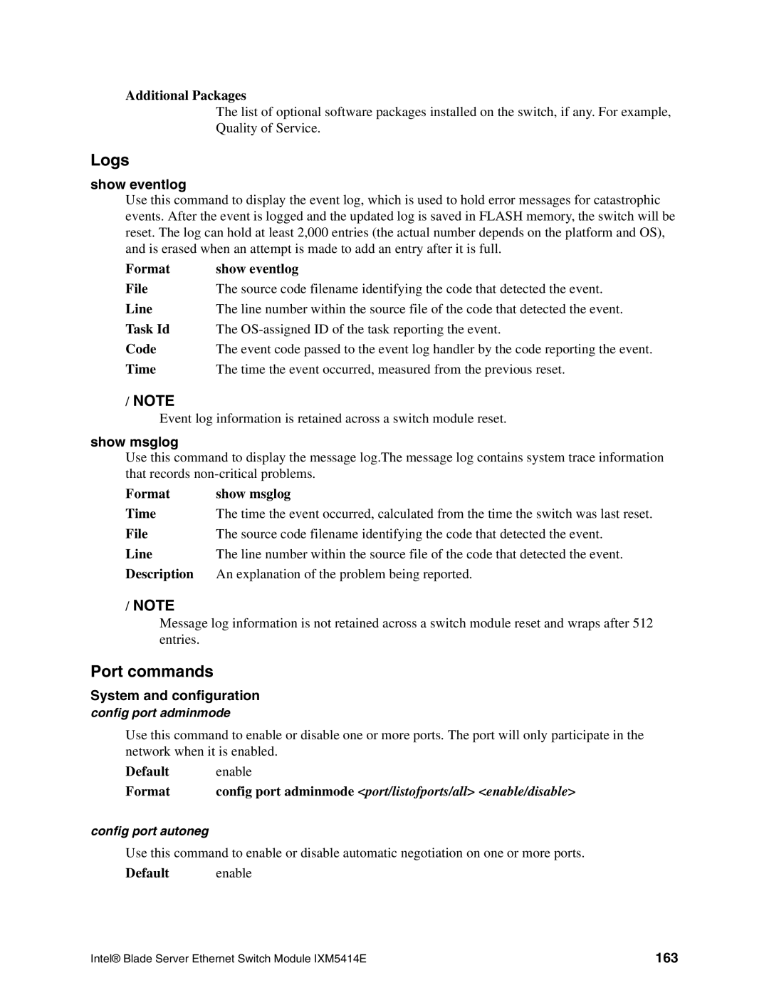 Intel IXM5414E manual Logs, Port commands 