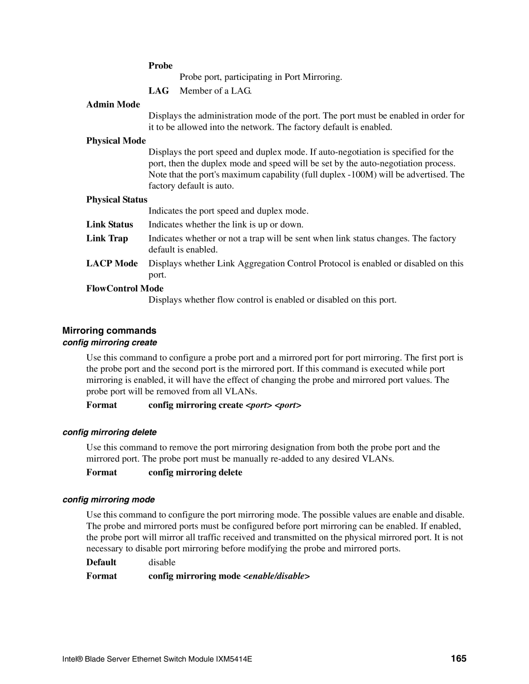 Intel IXM5414E manual FlowControl Mode, Mirroring commands, 165 