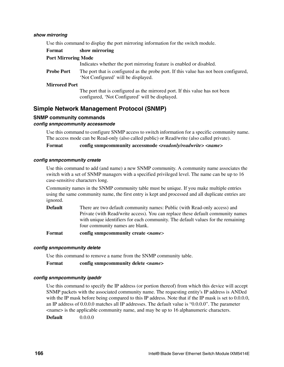 Intel IXM5414E manual Simple Network Management Protocol Snmp, Snmp community commands, 166 