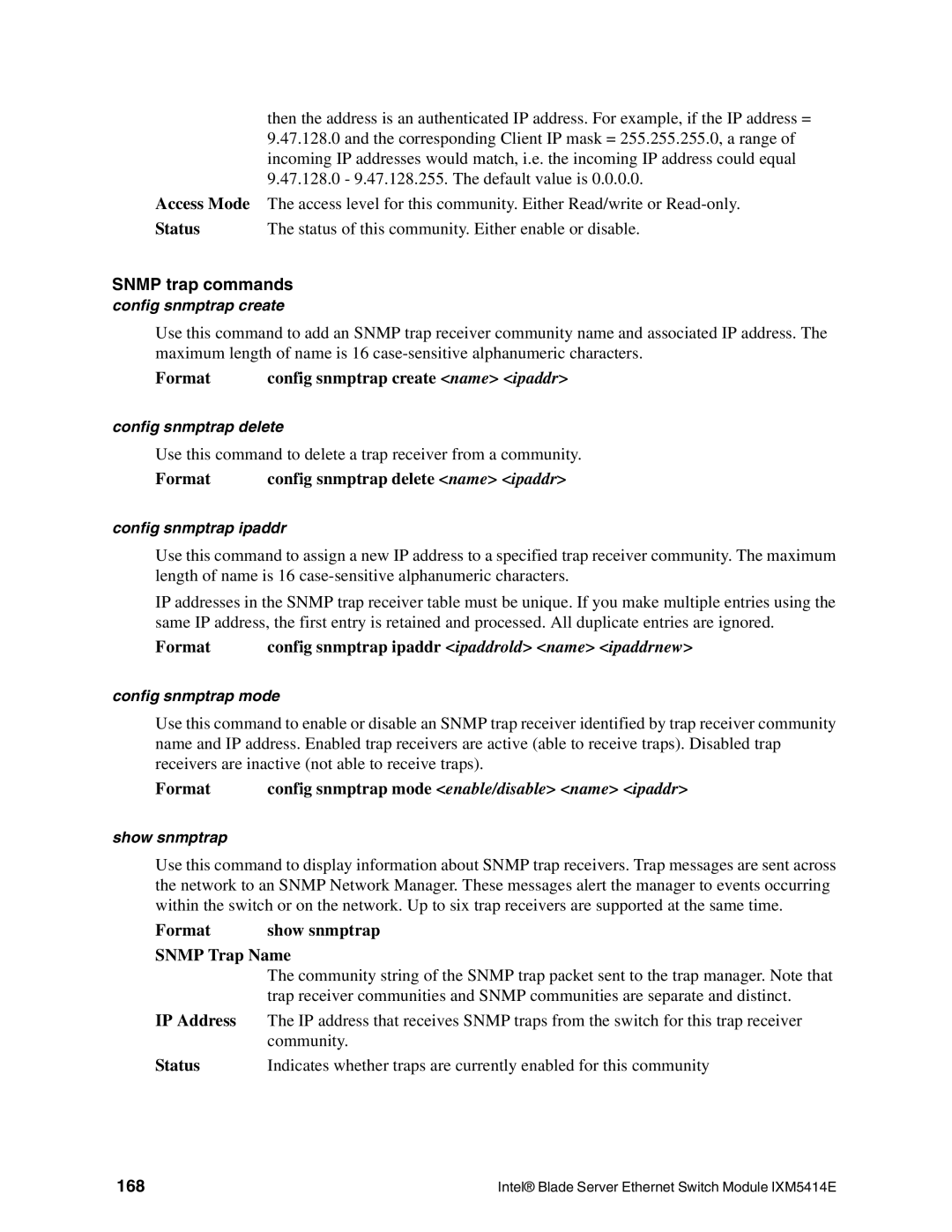 Intel IXM5414E manual Status Status of this community. Either enable or disable, Snmp trap commands, 168 