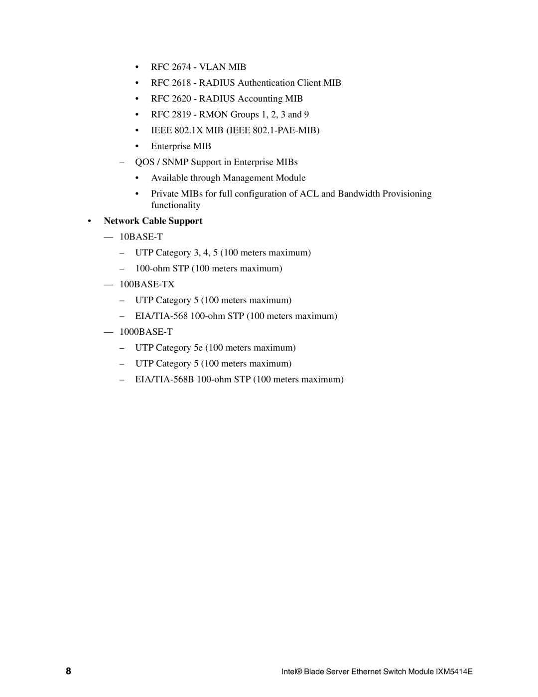 Intel IXM5414E manual Network Cable Support 