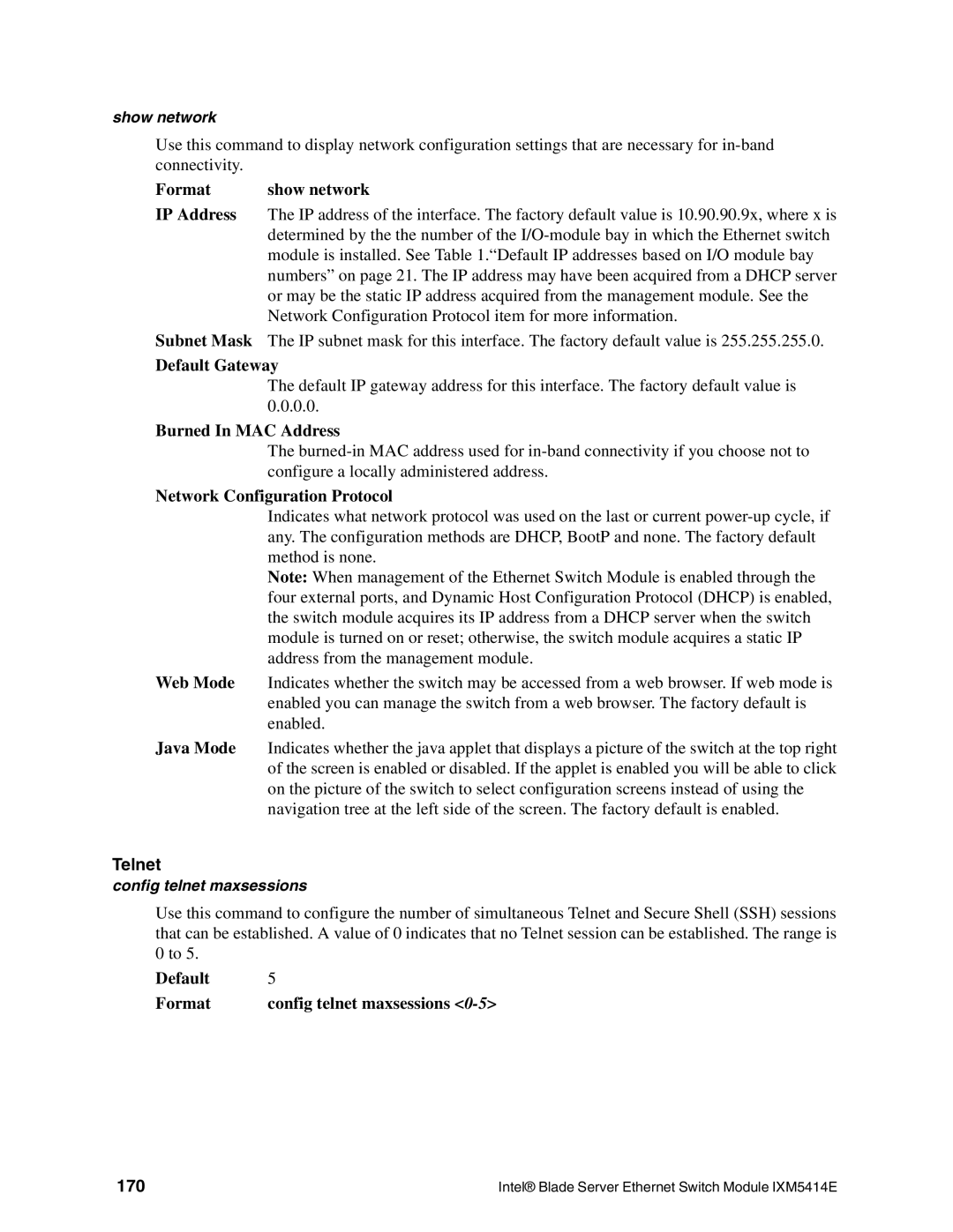 Intel IXM5414E manual Format Show network IP Address, Telnet, 170 