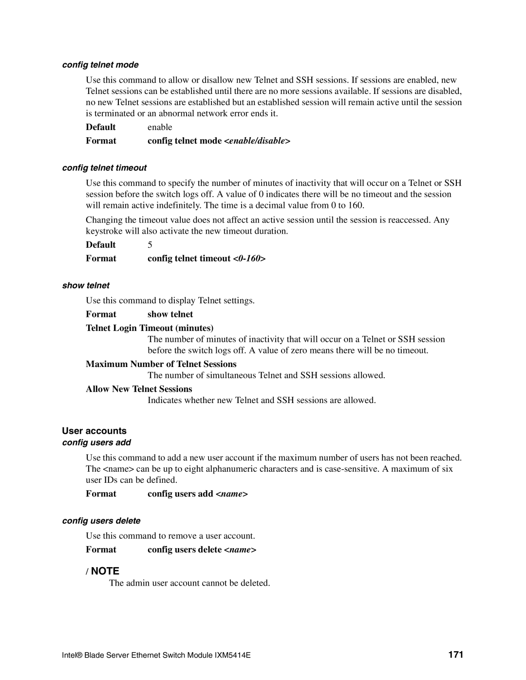 Intel IXM5414E manual Format show telnet Telnet Login Timeout minutes, User accounts, 171 