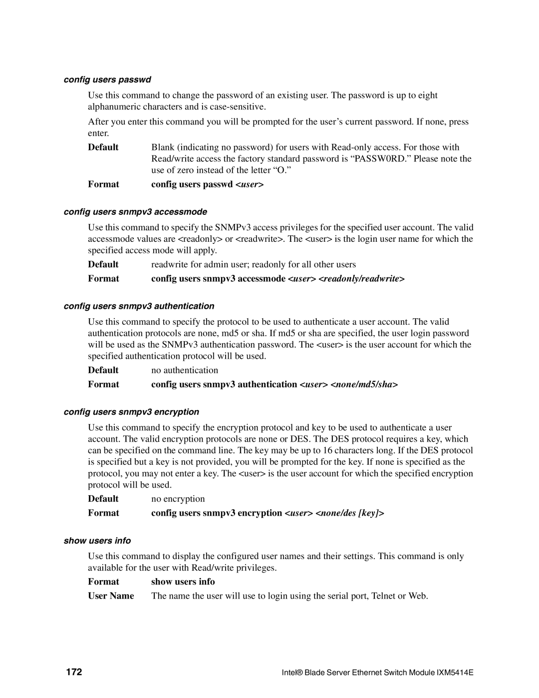 Intel IXM5414E Use of zero instead of the letter O, Format Config users passwd user, Default No authentication Format, 172 