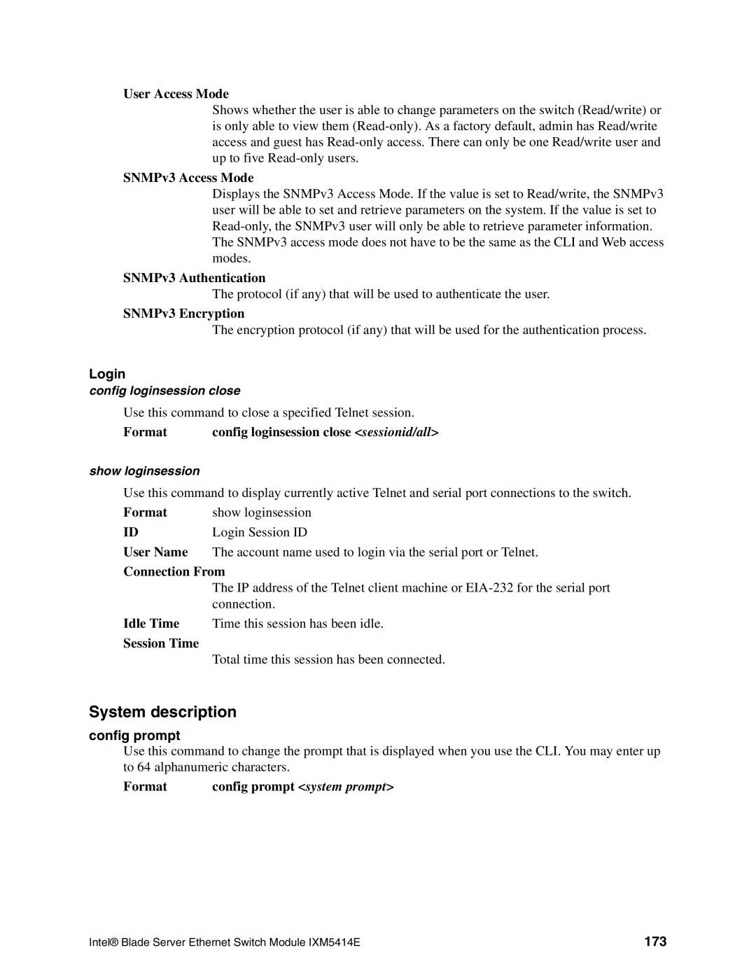 Intel IXM5414E manual Login, Config prompt, 173 