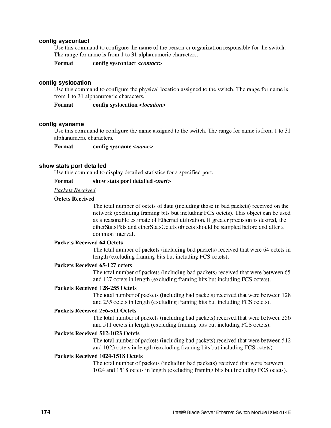 Intel IXM5414E manual Config syscontact, Config syslocation, Config sysname, Show stats port detailed, 174 