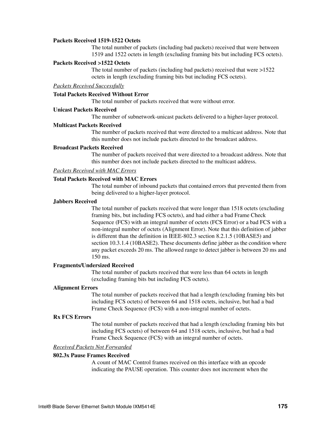 Intel IXM5414E manual Total Packets Received Without Error, Fragments/Undersized Received, 175 