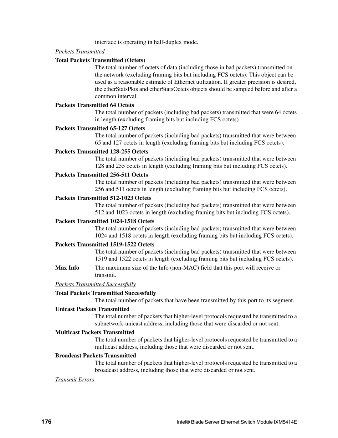 Intel IXM5414E manual Total Packets Transmitted Octets, 176 