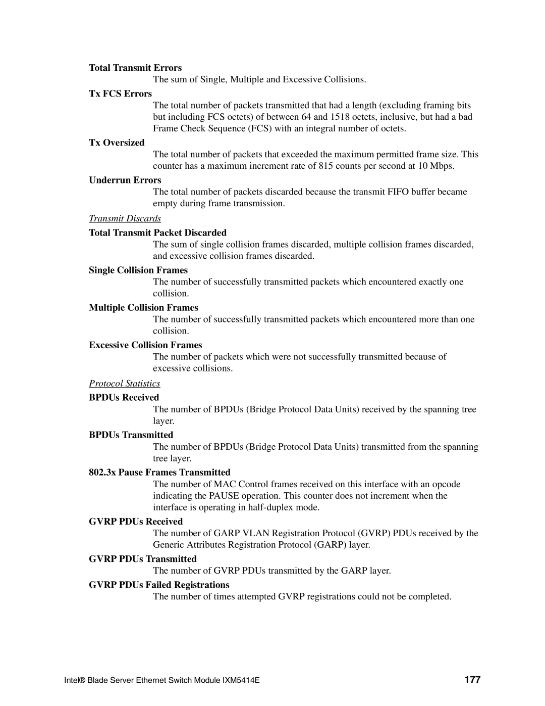 Intel IXM5414E Total Transmit Packet Discarded, BPDUs Received, BPDUs Transmitted, Gvrp PDUs Failed Registrations, 177 