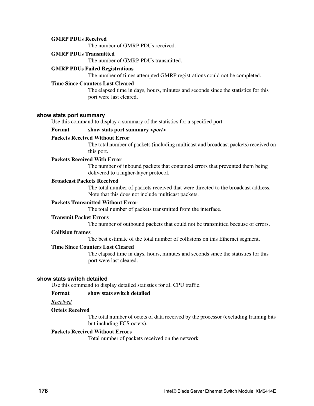 Intel IXM5414E manual Show stats port summary, Show stats switch detailed, 178 