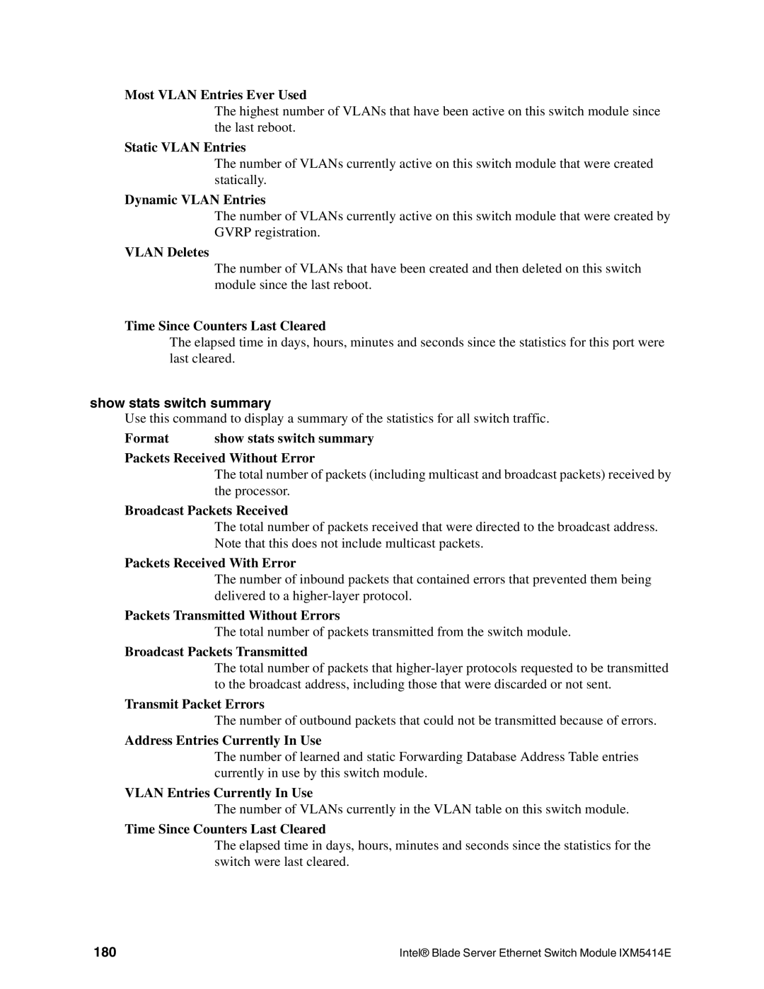 Intel IXM5414E manual Show stats switch summary, 180 