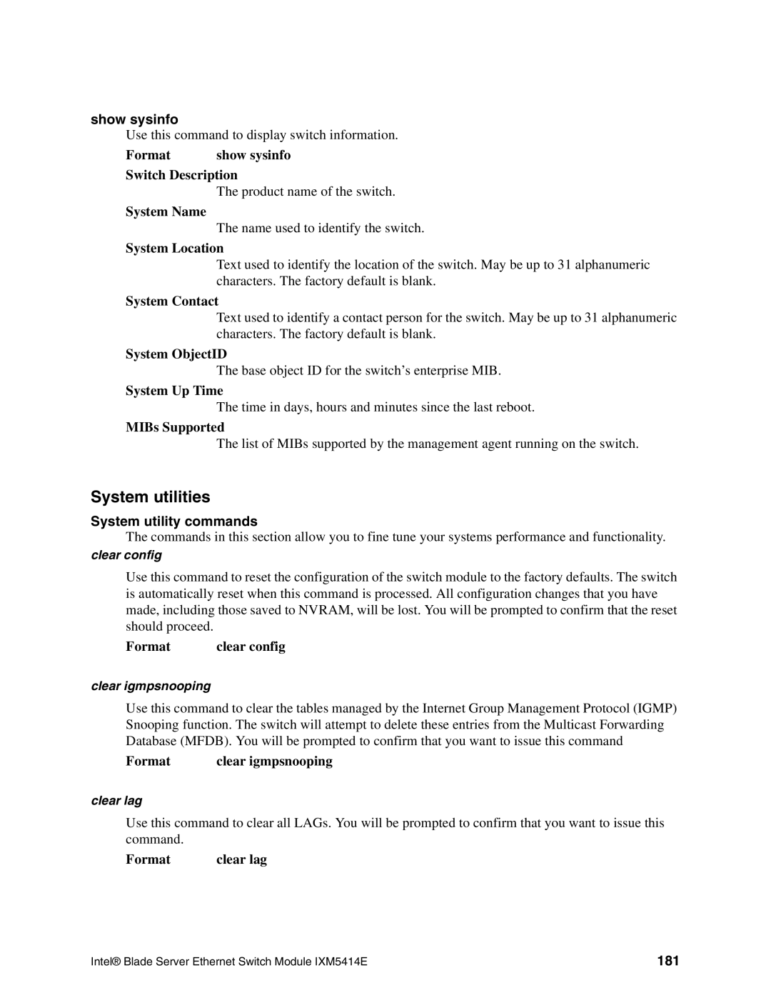 Intel IXM5414E manual System utilities, Show sysinfo, System utility commands, 181 