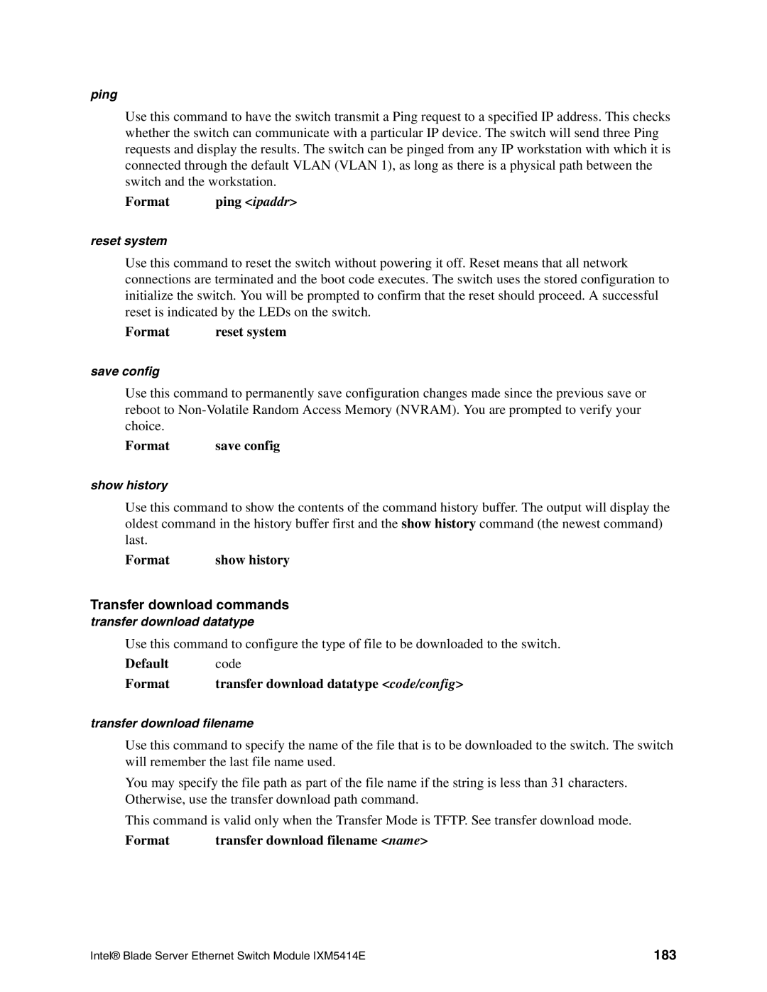 Intel IXM5414E manual Transfer download commands, Default code Format, 183 