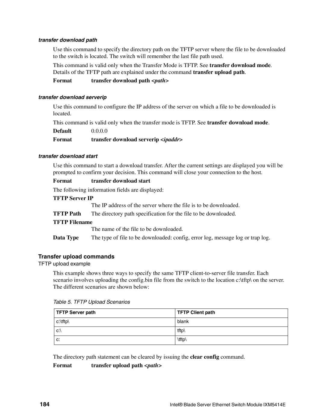 Intel IXM5414E manual Tftp Server IP, Tftp Filename, Transfer upload commands, 184 