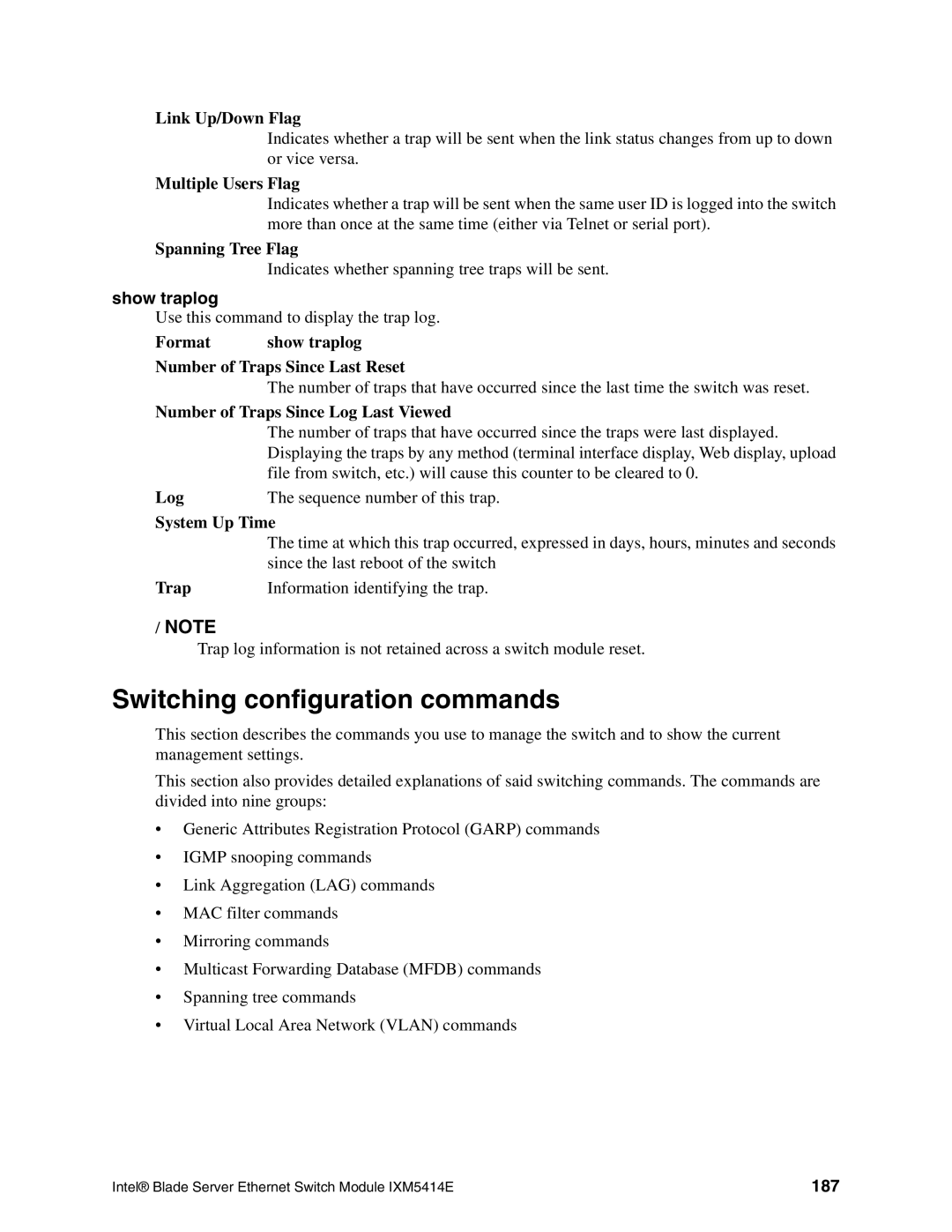 Intel IXM5414E manual Switching configuration commands, Show traplog, 187 