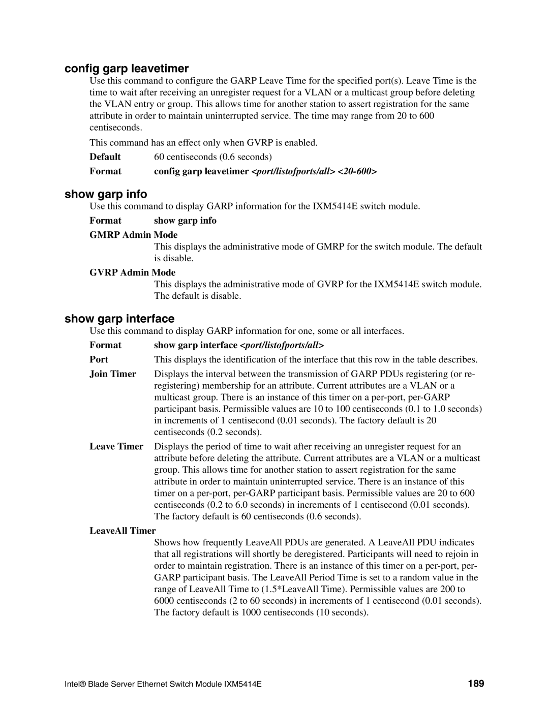 Intel IXM5414E manual Config garp leavetimer, Show garp info, Show garp interface, 189 